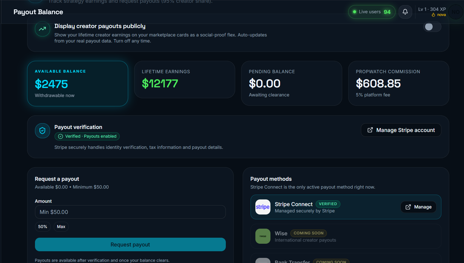 Creator payout balance